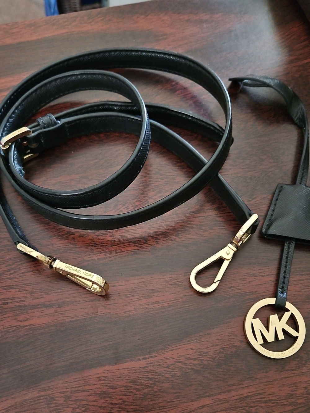 Michael Kors Black Leather Hang Tag &  Strap with Gold MK Charm